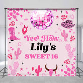 Aperturee - Aperturee Pink Disco Ball Cowgirl Custom Name Sweet 16 Backdrop